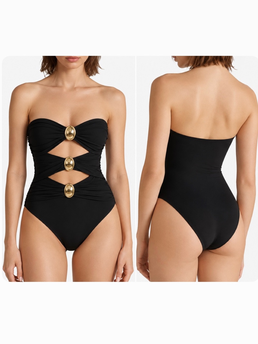 Beautiful Black Cutout One-Piece Swimsuit with Gold Accents and Removable Straps